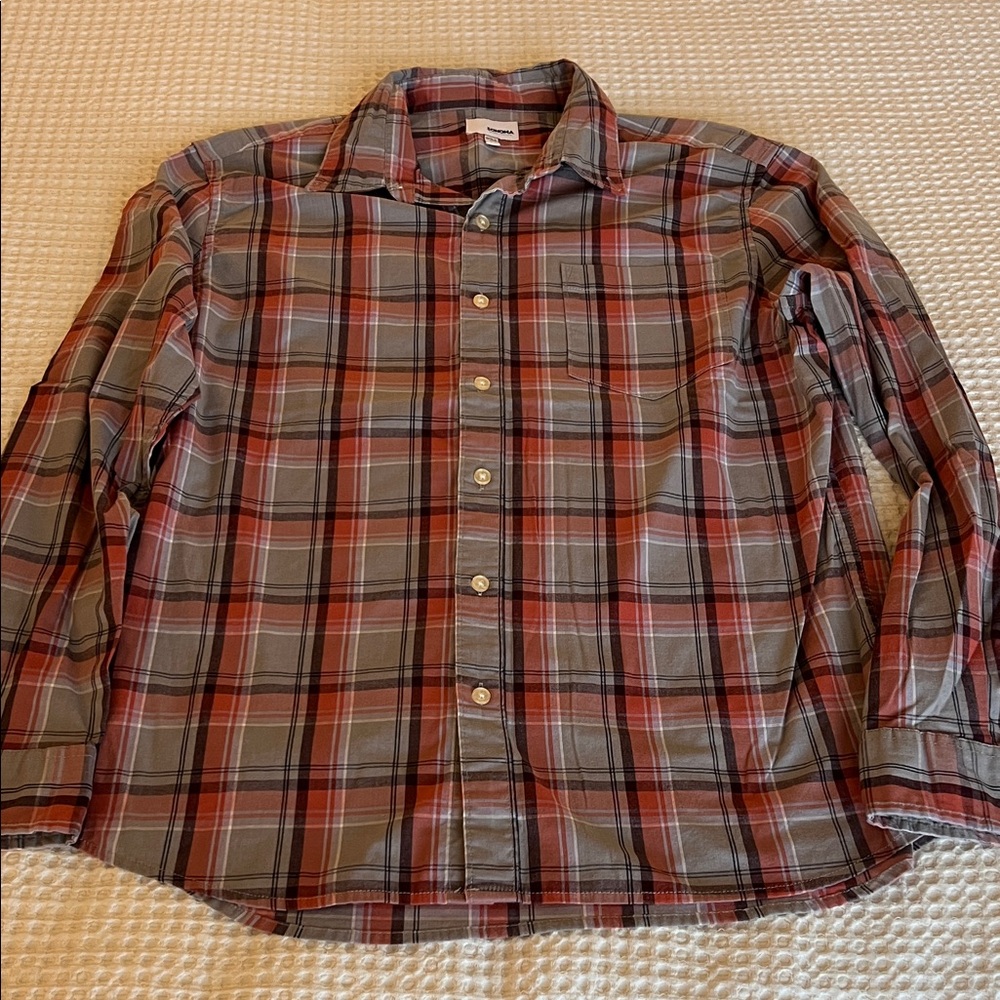 Sonoma Men's Red and Gray Plaid Casual Button Down Shirt